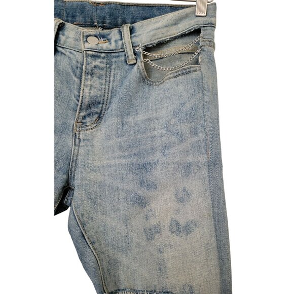 MNML Denim Distressed Button Fly Shorts w/ Chain Detail & Frayed Hem Men's Sz 30 - Picture 4 of 9